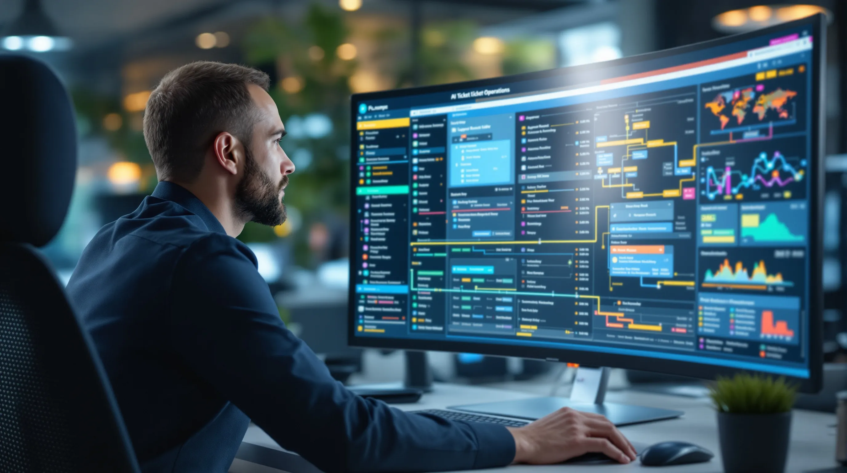 Support operations manager reviewing an AI ticket routing dashboard showing automated resolution flows and human escalation paths