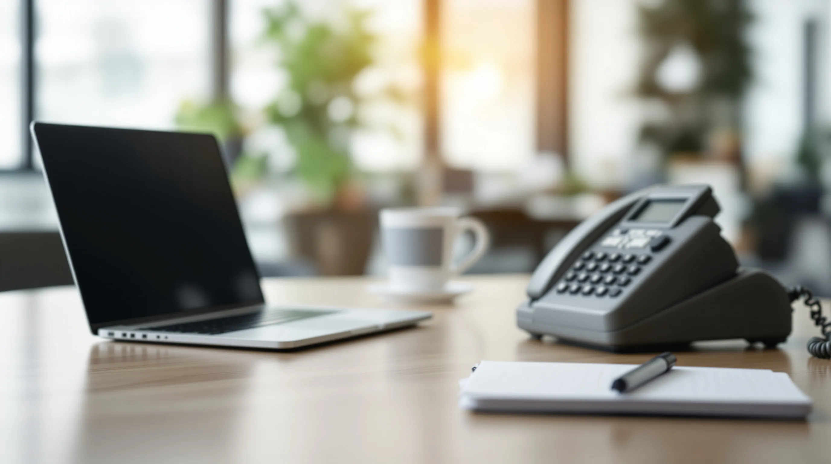 A laptop and a desk telephone side by side representing chatbot and human sales channels