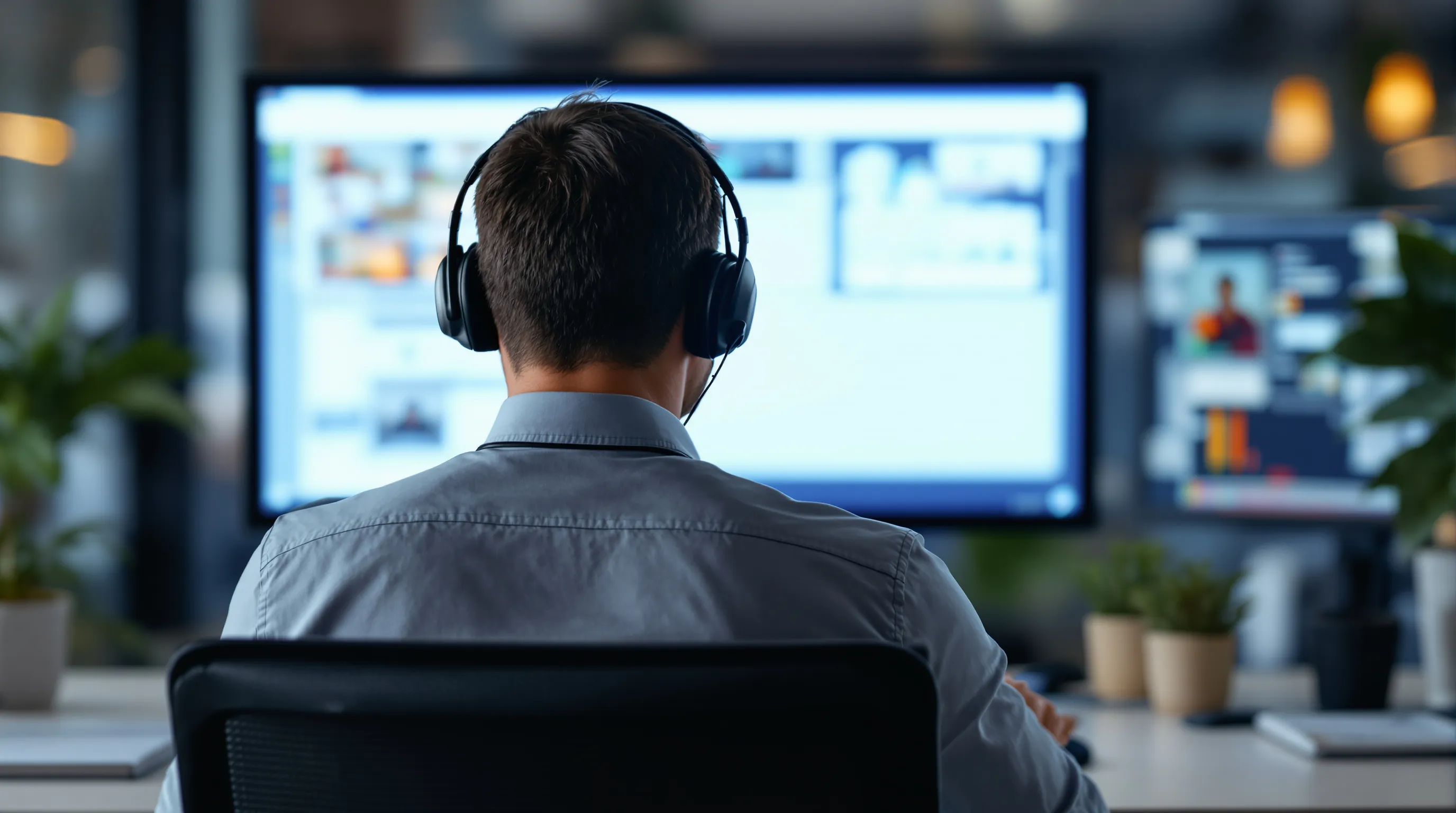 Support operations manager reviewing work at a monitor, seen from behind