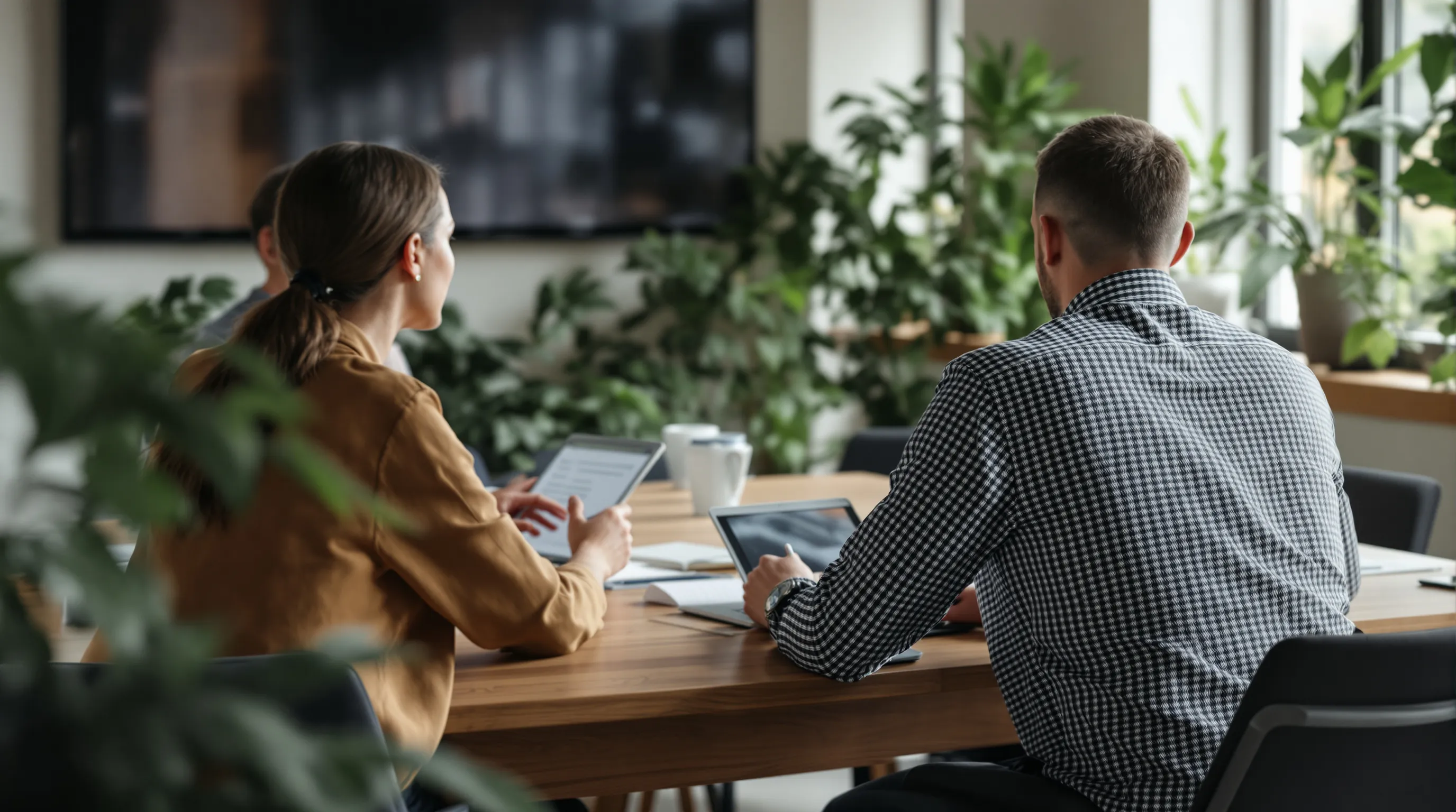 A team meeting around a table, seen from behind