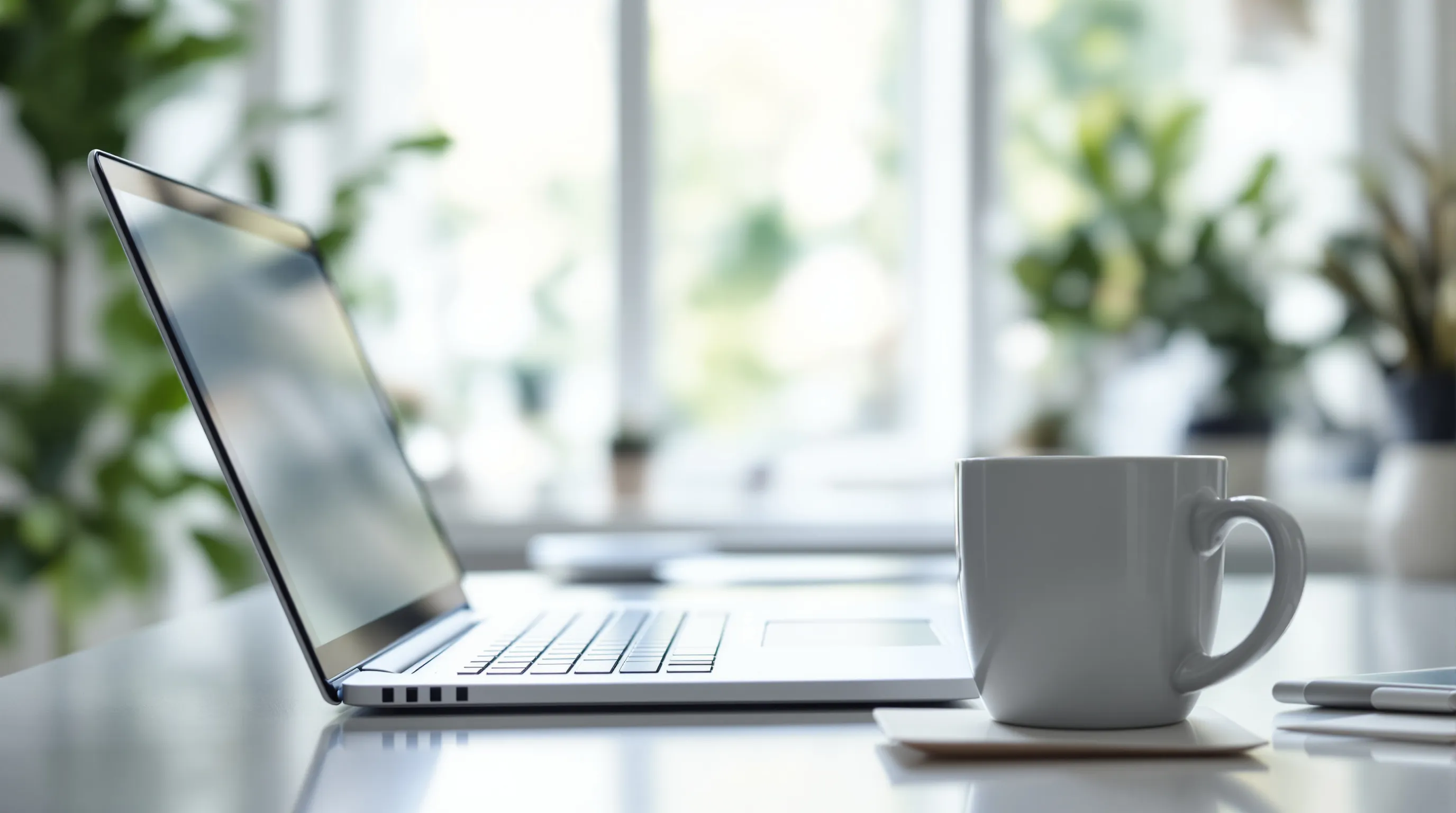 A laptop and mug on a bright desk representing a year of chat transcripts distilled