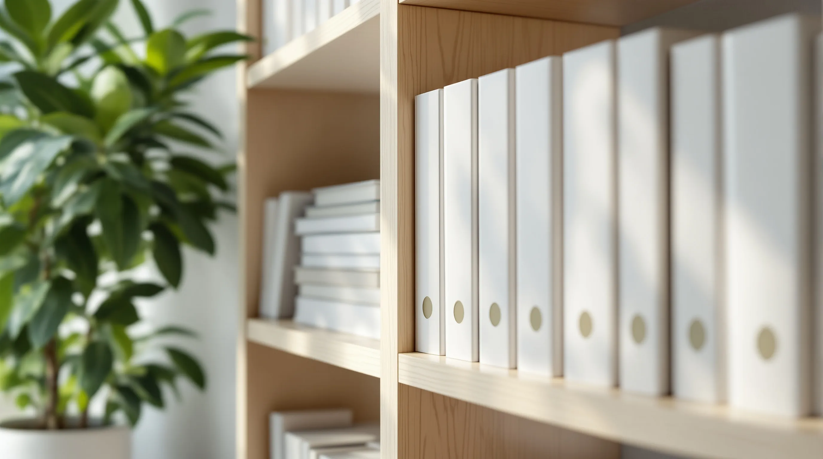 Shelves of plain binders representing an unexplored knowledge base