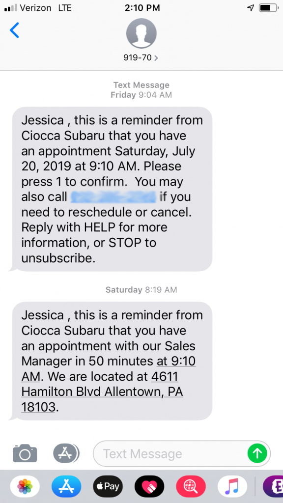 Ciocca Suburu AI Personailzed Text Message