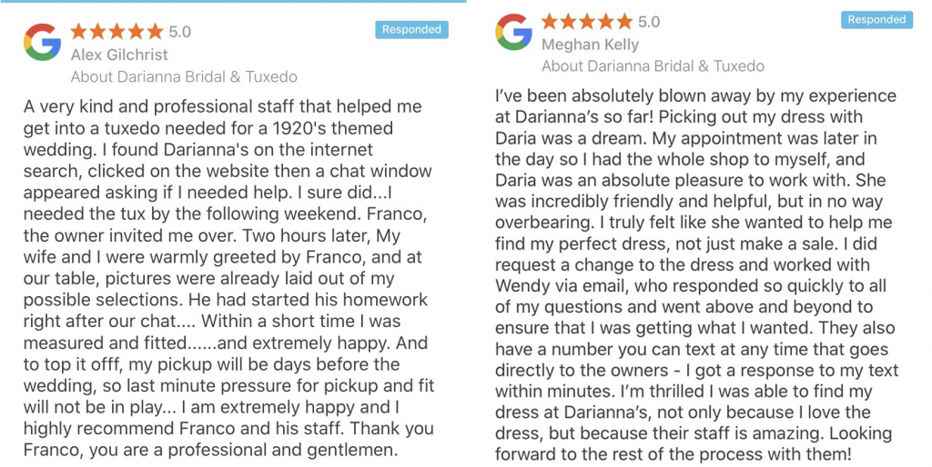 Darianna Bridal Google Reviews