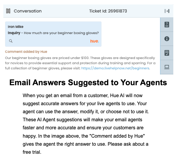 email answers suggested to agents by Hue Ai